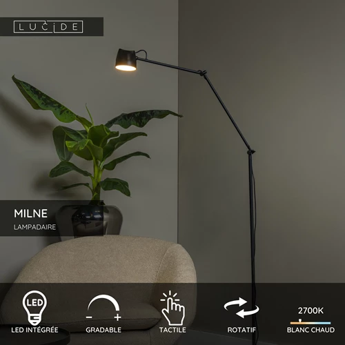 Lucide MILNE - Lampadaire - LED Dim. - 1x8W 2700K - Noir - USP